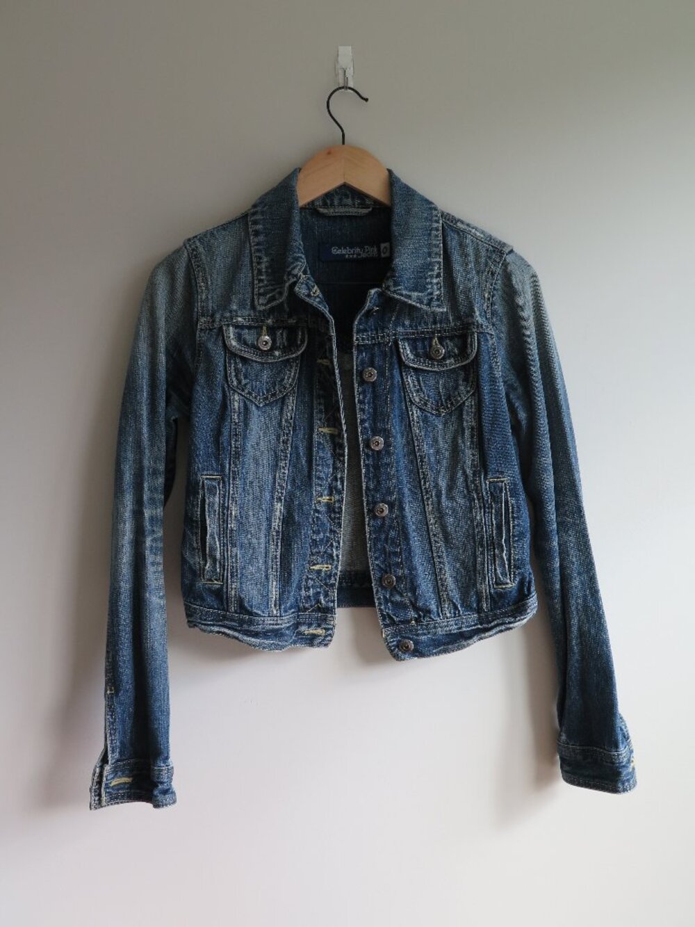 Celebrity Pink Cropped Distressed Denim Jacket Y2K